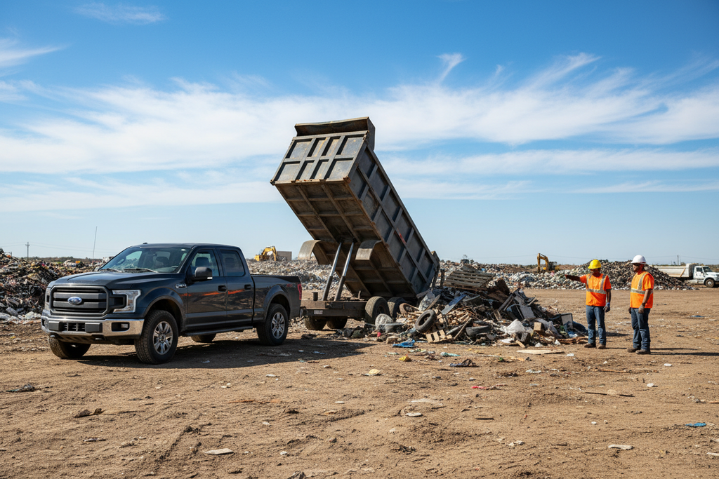 change black truck to a black f150. show crew workers watching the dump trailer