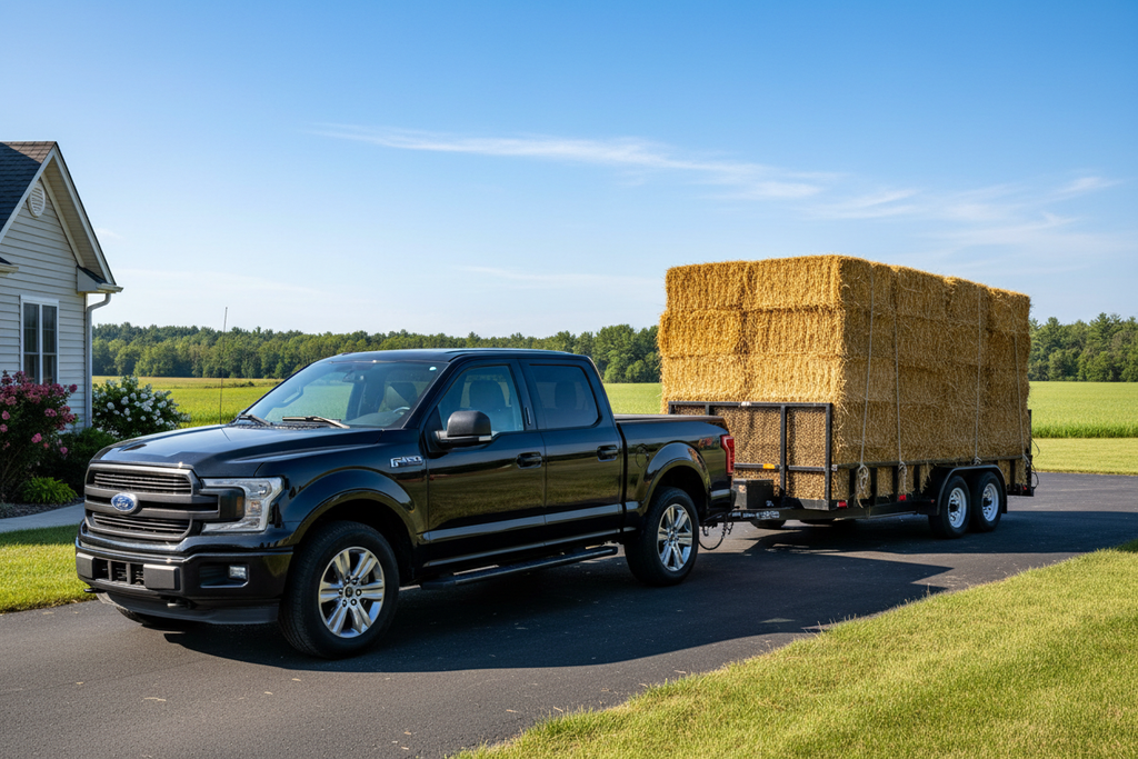 change truck to a ford f150. change trailer load to bales of hay