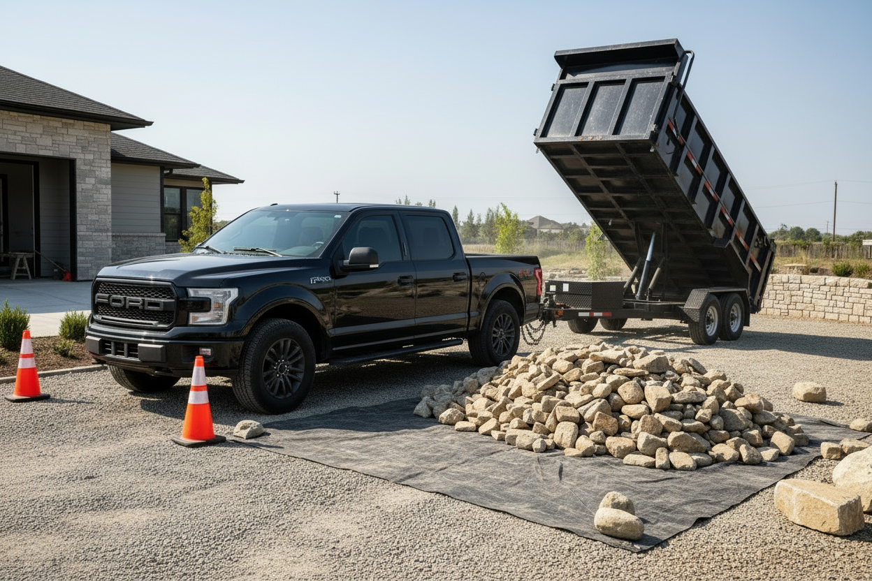 place delivered rocks behind the dump trailer